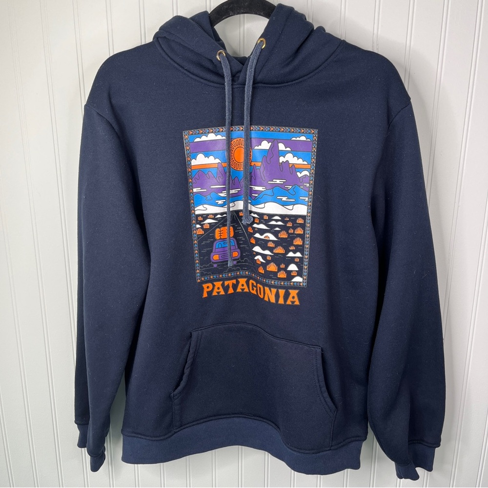 Patagonia Navy Graphic Hoodie Mountains Dessert Scene Hooded - Picture 2 of 5